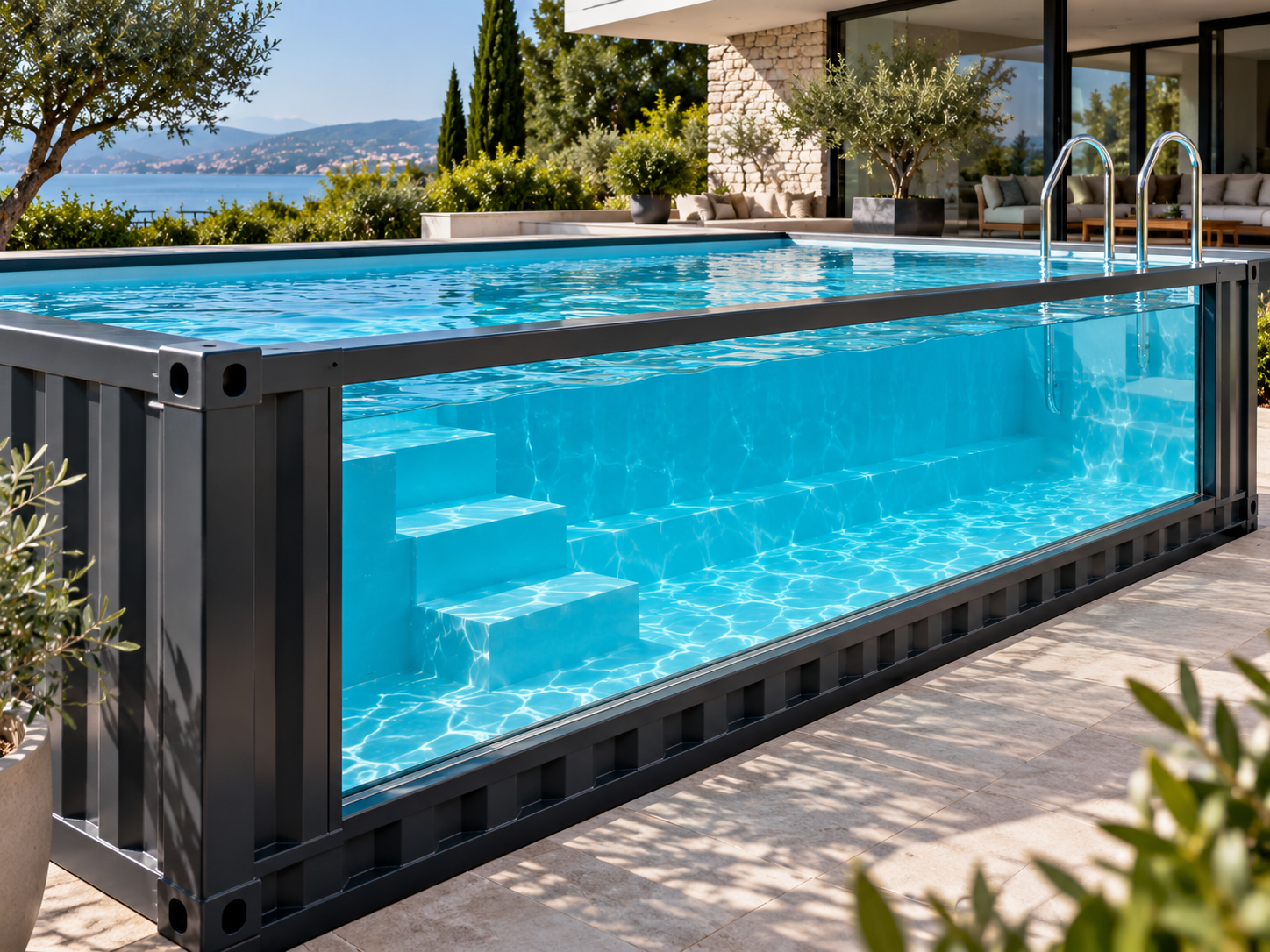 Piscina contenedor 6m con ventanal panorámico submarino de cristal