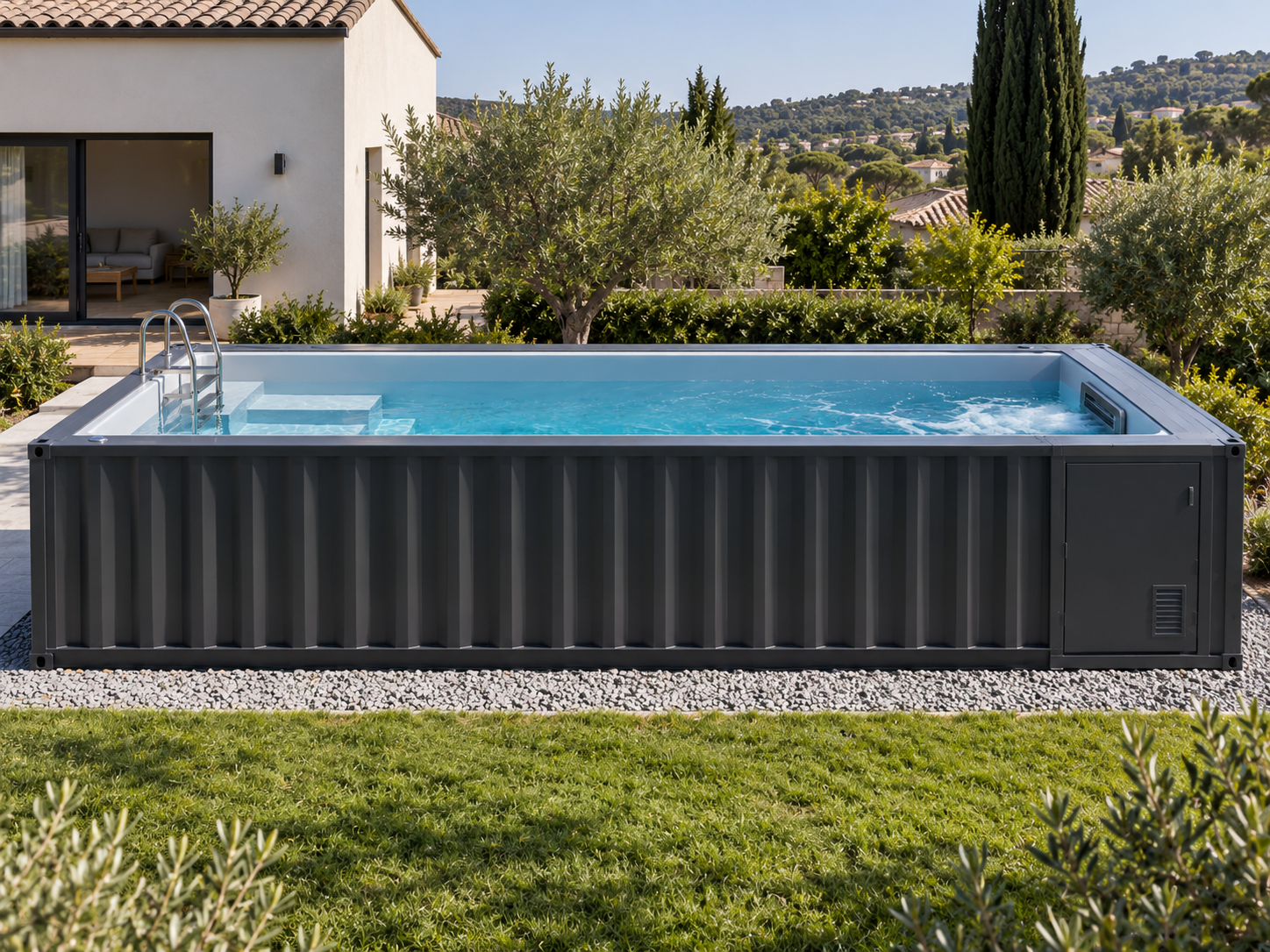 Piscina con sala técnica equipada con turbina de natación contracorriente - miniatura 3