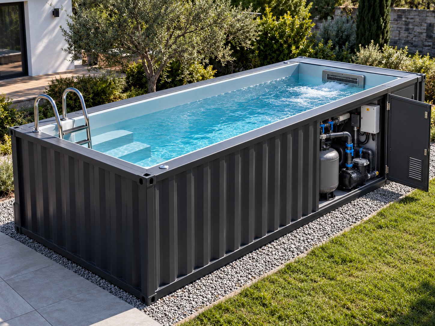 Piscina con sala técnica equipada con turbina de natación contracorriente